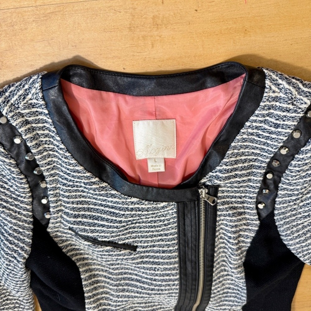 McGinn Andi Striped Studded Tweed Moto Blazer – Size Large – Style‎ ME1427J - Picture 3 of 12